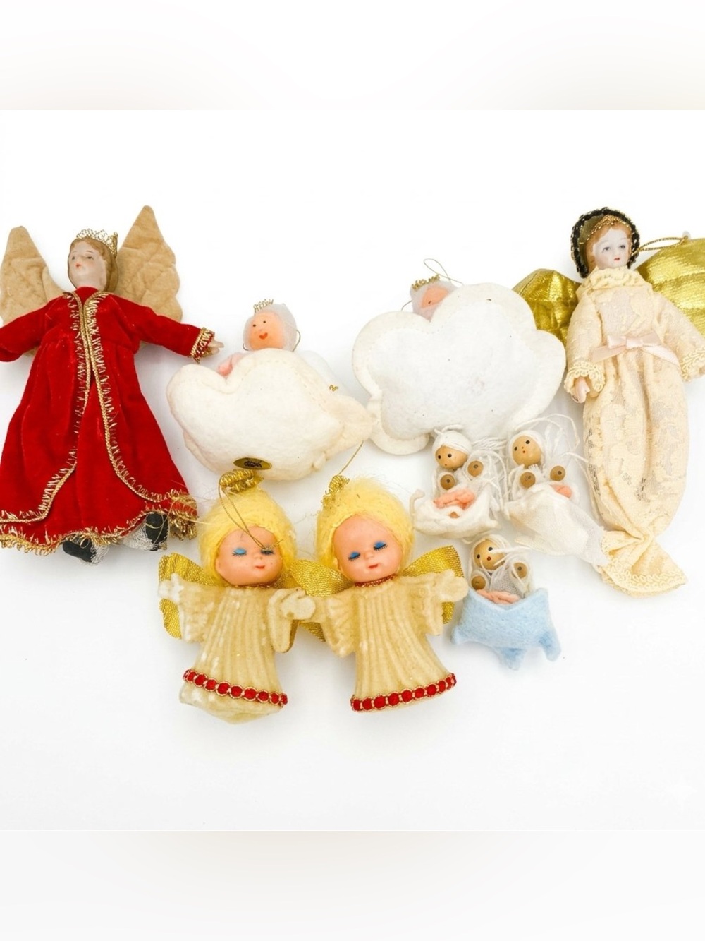 Vtg MCM Kitsch Christmas Angel Ornament 9pc Japan Rubber Face Pixie Spun Hair